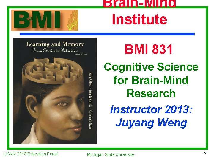 Brain-Mind Institute BMI 831 Cognitive Science for Brain-Mind Research Instructor 2013: Juyang Weng IJCNN