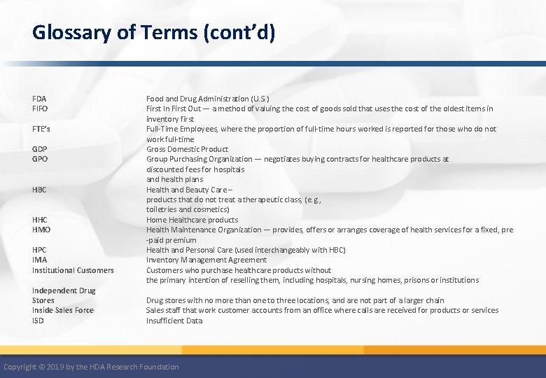 Glossary of Terms (cont’d) FDA FIFO FTE’s GDP GPO HBC HHC HMO HPC IMA