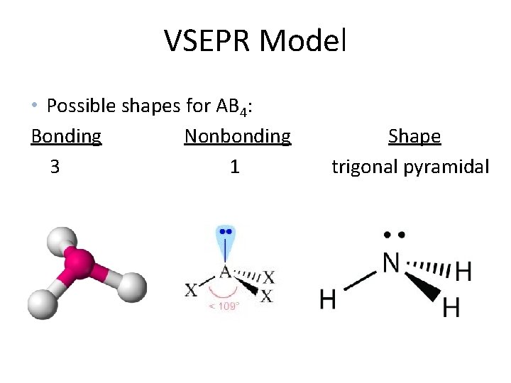 VSEPR Model • Possible shapes for AB 4: Bonding Nonbonding 3 1 Shape trigonal