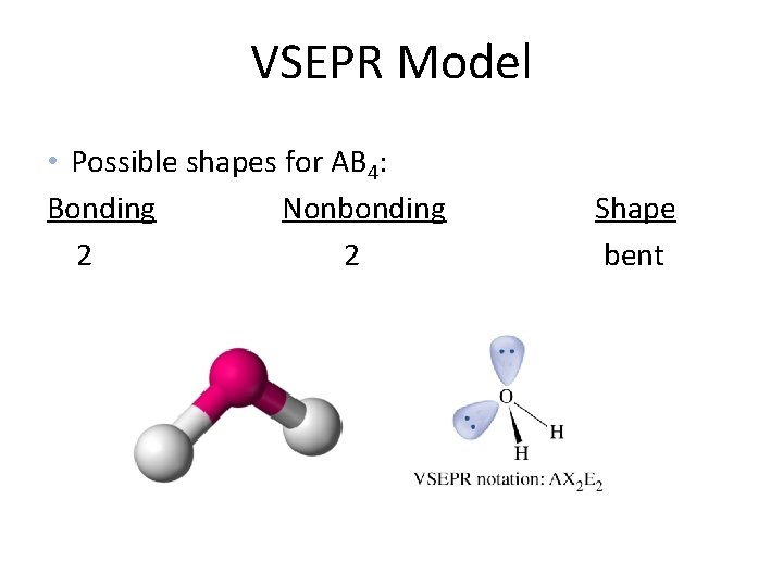 VSEPR Model • Possible shapes for AB 4: Bonding Nonbonding 2 2 Shape bent