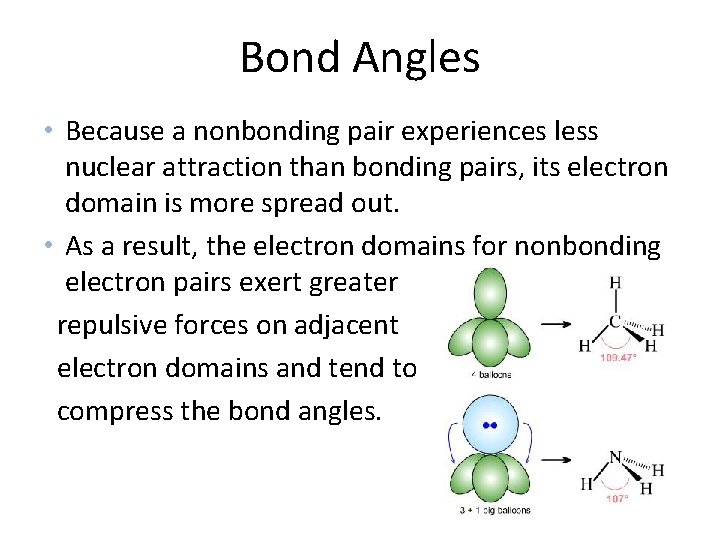 Bond Angles • Because a nonbonding pair experiences less nuclear attraction than bonding pairs,