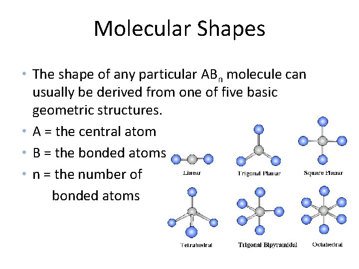 Molecular Shapes • The shape of any particular ABn molecule can usually be derived
