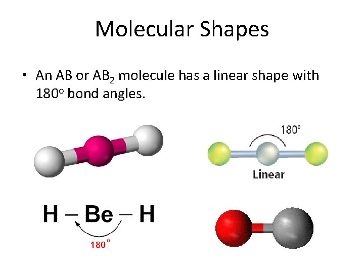 Molecular Shapes • An AB or AB 2 molecule has a linear shape with