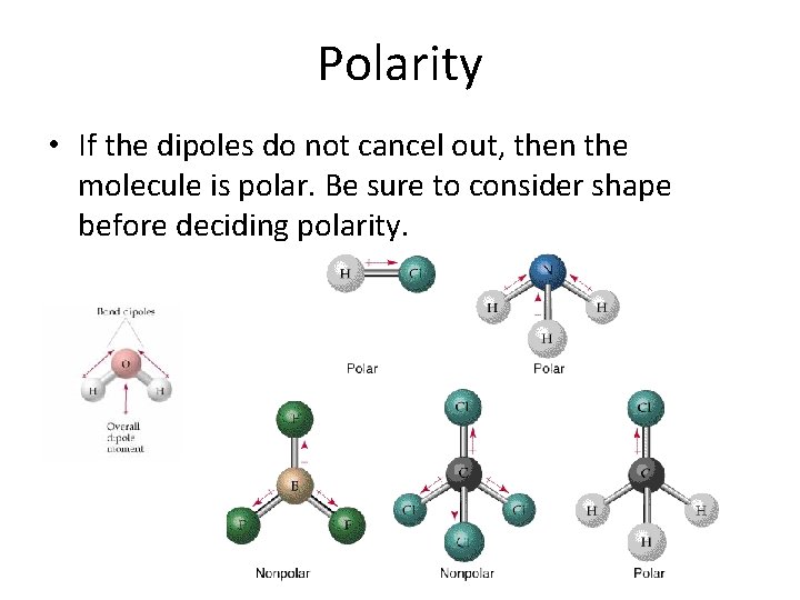 Polarity • If the dipoles do not cancel out, then the molecule is polar.
