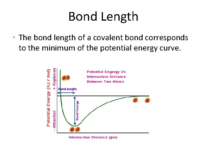 Bond Length • The bond length of a covalent bond corresponds to the minimum