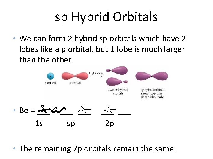 sp Hybrid Orbitals • We can form 2 hybrid sp orbitals which have 2