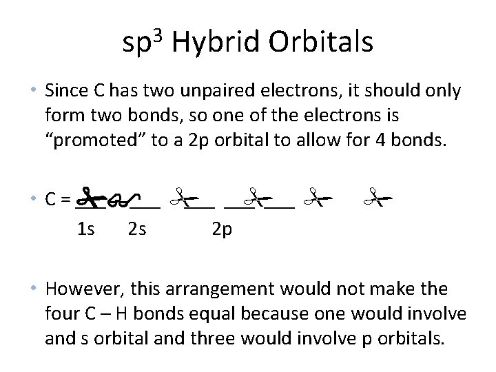 sp 3 Hybrid Orbitals • Since C has two unpaired electrons, it should only