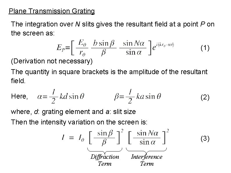 Plane Transmission Grating The integration over N slits gives the resultant field at a