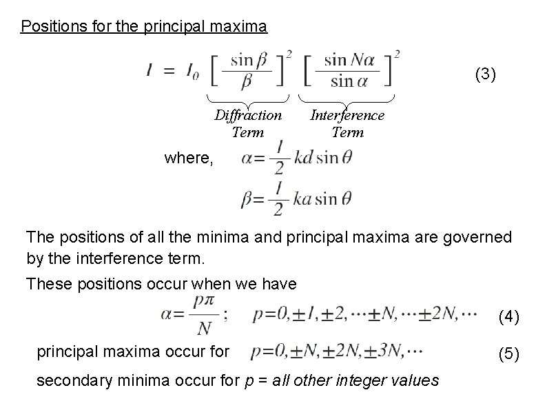 Positions for the principal maxima (3) Diffraction Term Interference Term where, The positions of