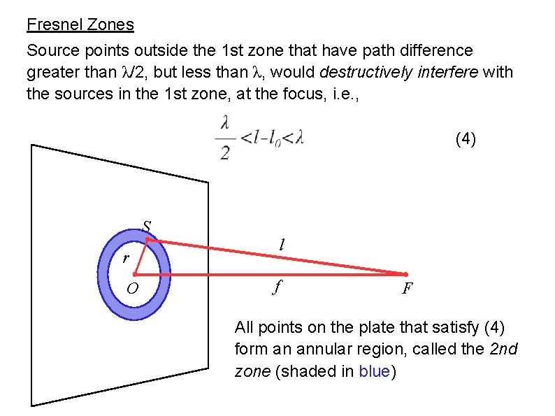 Fresnel Zones Source points outside the 1 st zone that have path difference greater