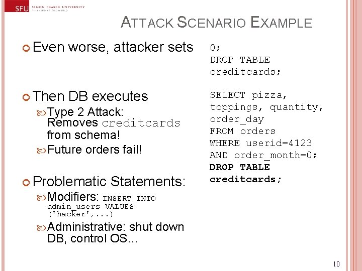 ATTACK SCENARIO EXAMPLE Even worse, attacker sets Then DB executes Type 2 Attack: Removes