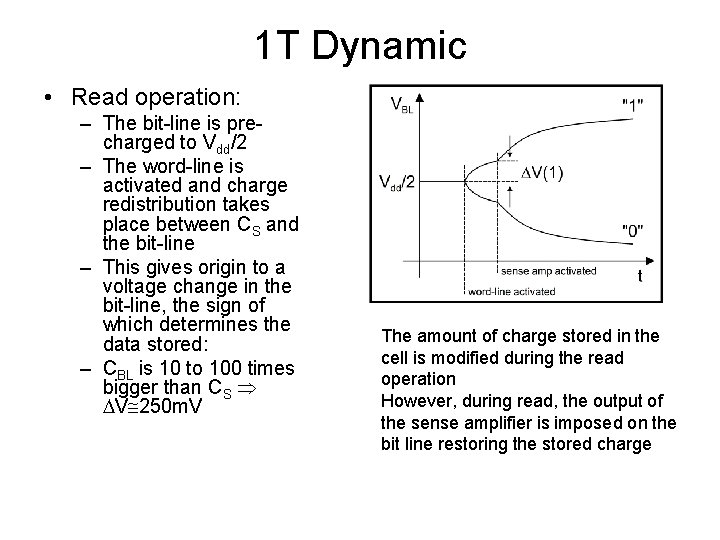 1 T Dynamic • Read operation: – The bit-line is precharged to Vdd/2 –