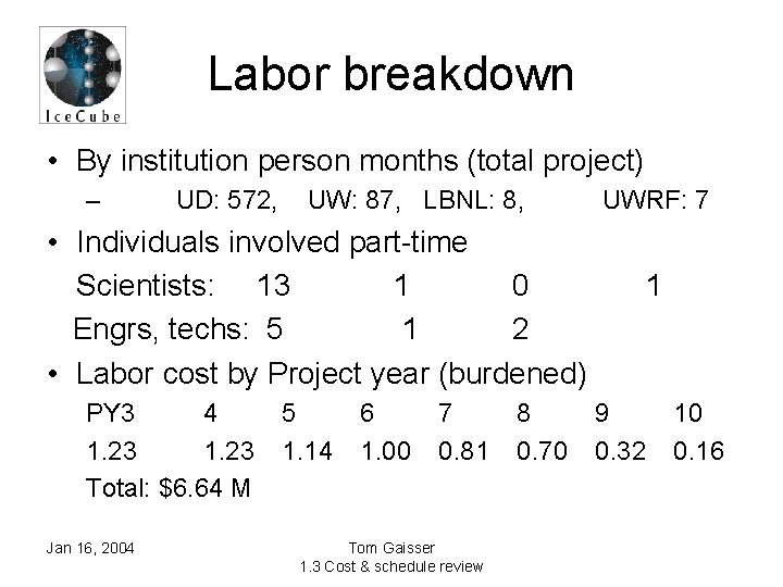 Labor breakdown • By institution person months (total project) – UD: 572, UW: 87,