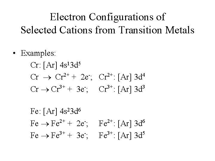 Electron Configurations of Selected Cations from Transition Metals • Examples: Cr: [Ar] 4 s