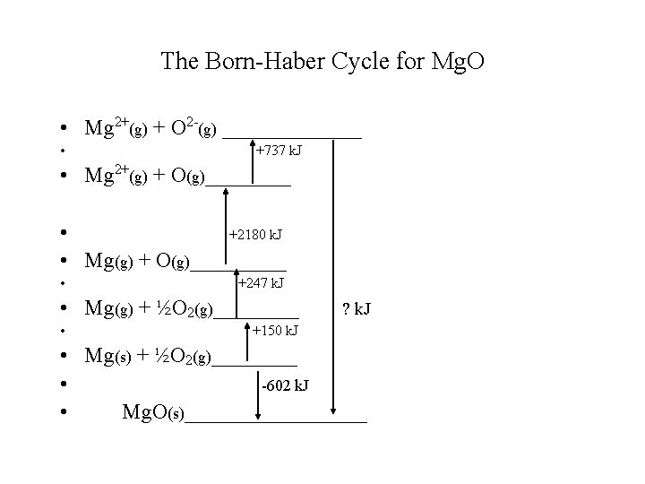 The Born-Haber Cycle for Mg. O • Mg 2+(g) + O 2 -(g) _______