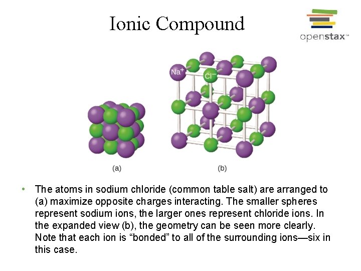Ionic Compound • The atoms in sodium chloride (common table salt) are arranged to