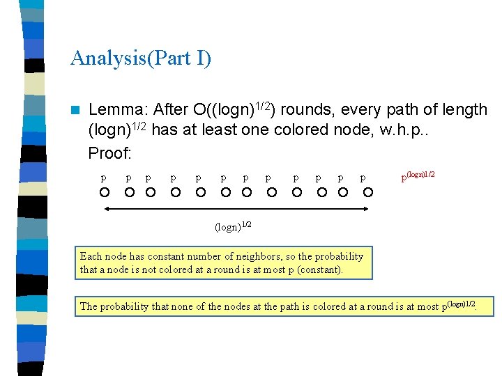 Analysis(Part I) n Lemma: After O((logn)1/2) rounds, every path of length (logn)1/2 has at