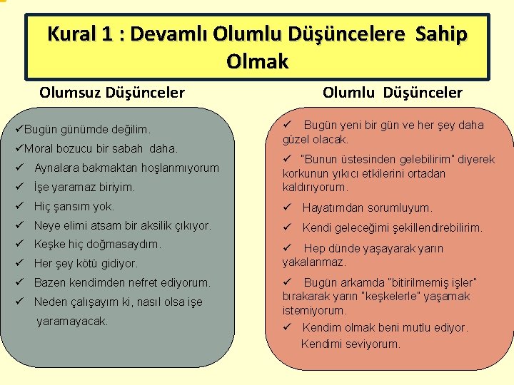 Kural 1 : Devamlı Olumlu Düşüncelere Sahip Olmak Olumsuz Düşünceler üBugün günümde değilim. üMoral