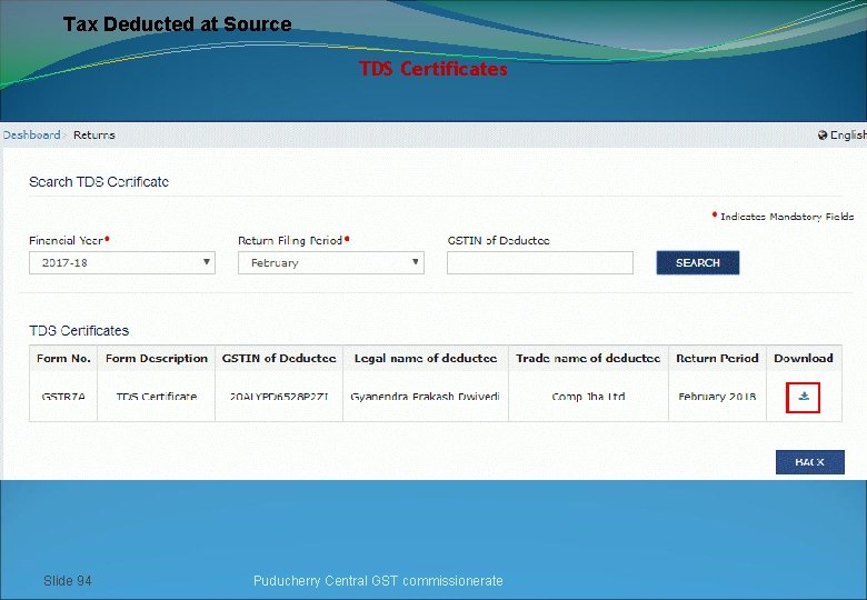 Tax Deducted at Source TDS Certificates Slide 94 Puducherry Central GST commissionerate 
