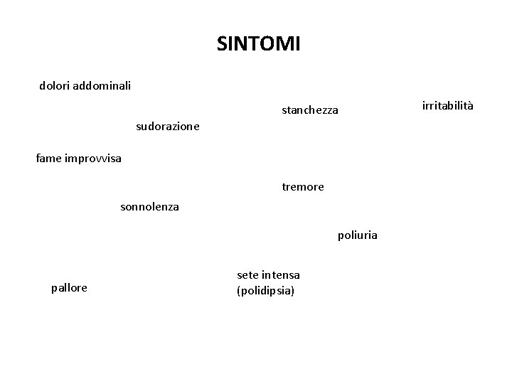 SINTOMI dolori addominali stanchezza sudorazione fame improvvisa tremore sonnolenza poliuria pallore sete intensa (polidipsia)