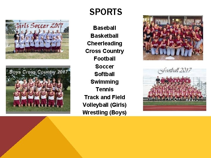 SPORTS Baseball Basketball Cheerleading Cross Country Football Soccer Softball Swimming Tennis Track and Field