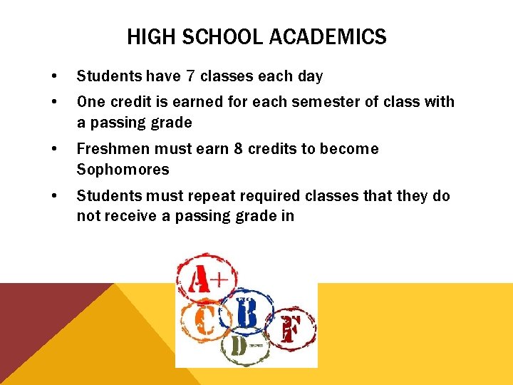 HIGH SCHOOL ACADEMICS • Students have 7 classes each day • One credit is