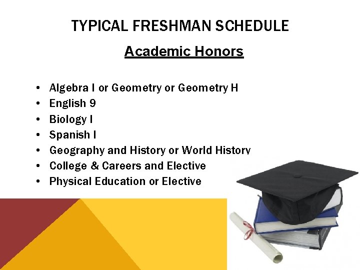 TYPICAL FRESHMAN SCHEDULE Academic Honors • • Algebra I or Geometry H English 9