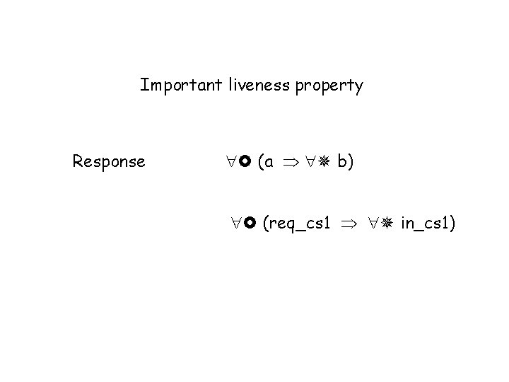 Important liveness property Response (a b) (req_cs 1 in_cs 1) 