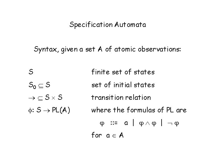 Specification Automata Syntax, given a set A of atomic observations: S finite set of