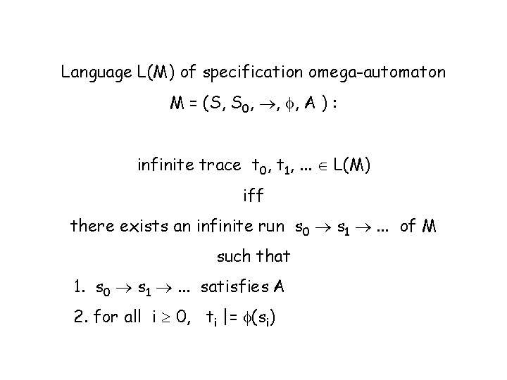 Language L(M) of specification omega-automaton M = (S, S 0, , , A )