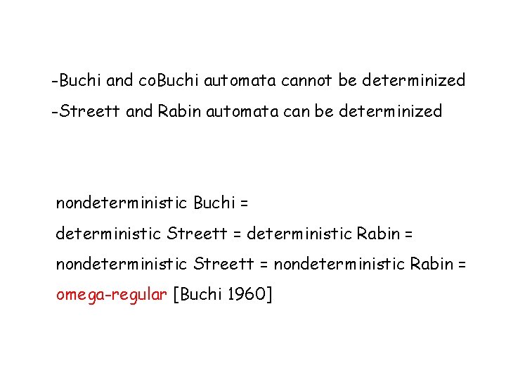-Buchi and co. Buchi automata cannot be determinized -Streett and Rabin automata can be