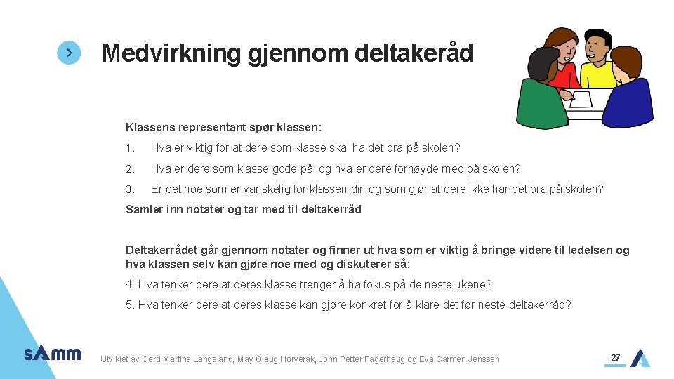 Medvirkning gjennom deltakeråd Klassens representant spør klassen: 1. Hva er viktig for at dere