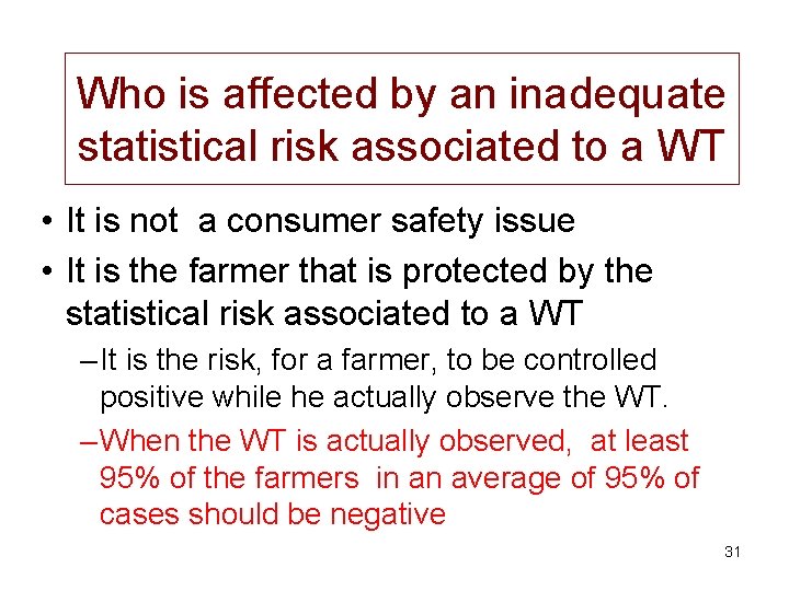 Who is affected by an inadequate statistical risk associated to a WT • It