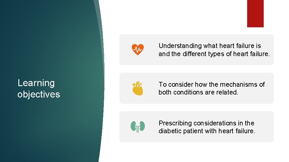 Understanding what heart failure is and the different types of heart failure. Learning objectives