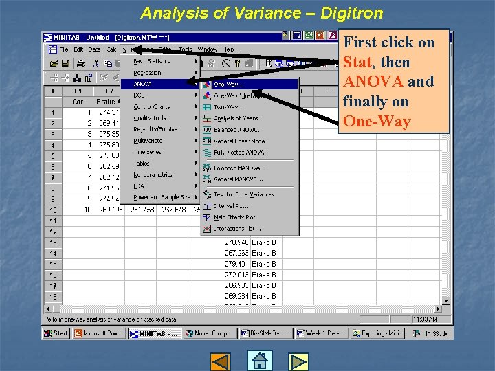 Analysis of Variance – Digitron First click on Stat, then ANOVA and finally on
