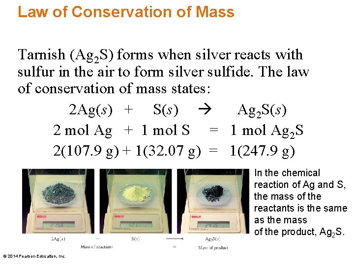 Law of Conservation of Mass Tarnish (Ag 2 S) forms when silver reacts with