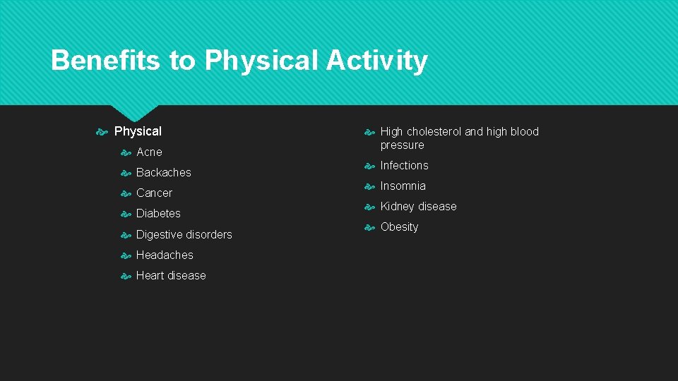 Benefits to Physical Activity Physical Acne Backaches Cancer Diabetes Digestive disorders Headaches Heart disease Benefits to Physical Activity Physical Acne Backaches Cancer Diabetes Digestive disorders Headaches Heart disease