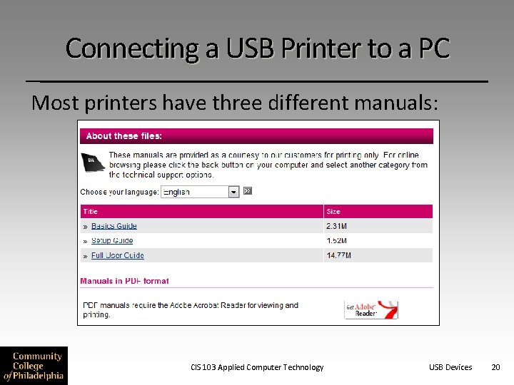 Connecting a USB Printer to a PC Most printers have three different manuals: CIS