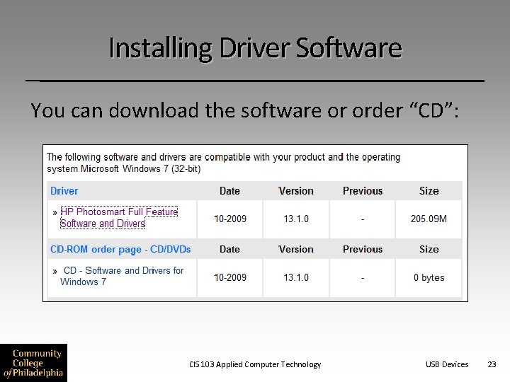 Installing Driver Software You can download the software or order “CD”: CIS 103 Applied