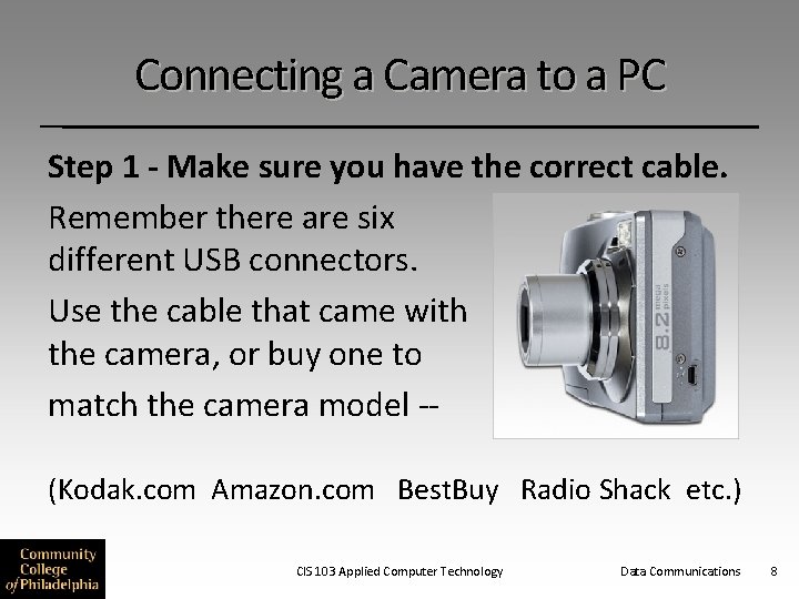 Connecting a Camera to a PC Step 1 - Make sure you have the