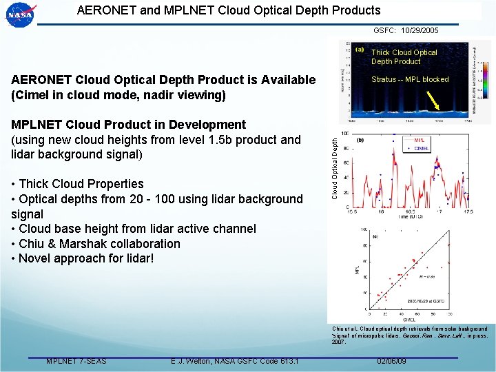 AERONET and MPLNET Cloud Optical Depth Products GSFC: 10/29/2005 Thick Cloud Optical Depth Product