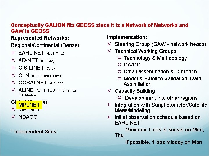 Conceptually GALION fits GEOSS since it is a Network of Networks and GAW is