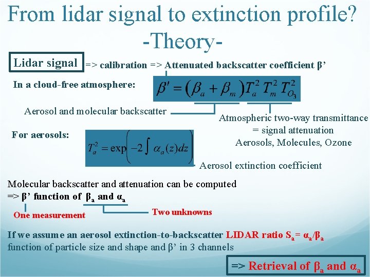 From lidar signal to extinction profile? -Theory. Lidar signal => calibration => Attenuated backscatter
