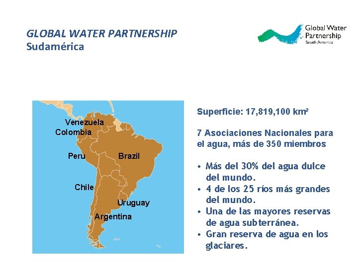GLOBAL WATER PARTNERSHIP Sudamérica Superficie: 17, 819, 100 km² Venezuela Colombia Peru 7 Asociaciones