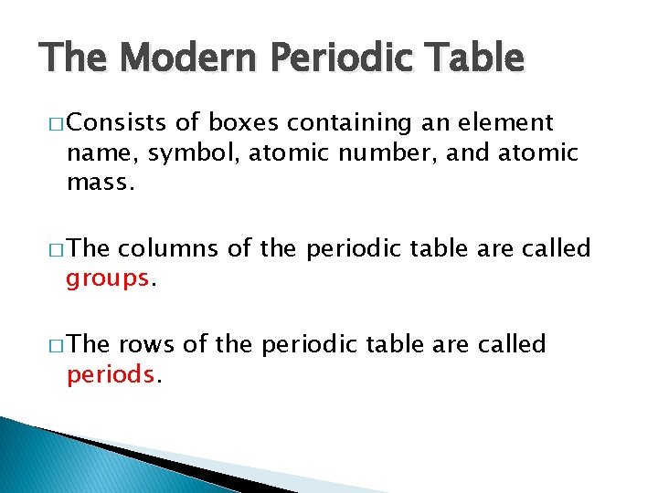 The Modern Periodic Table � Consists of boxes containing an element name, symbol, atomic