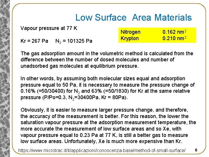 Low Surface Area Materials Vapour pressure at 77 K Kr = 267 Pa N