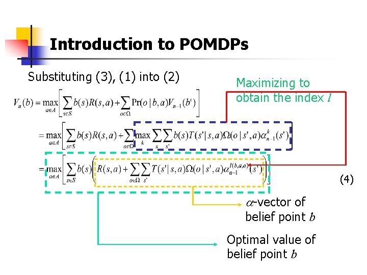 Introduction to POMDPs Substituting (3), (1) into (2) Maximizing to obtain the index l