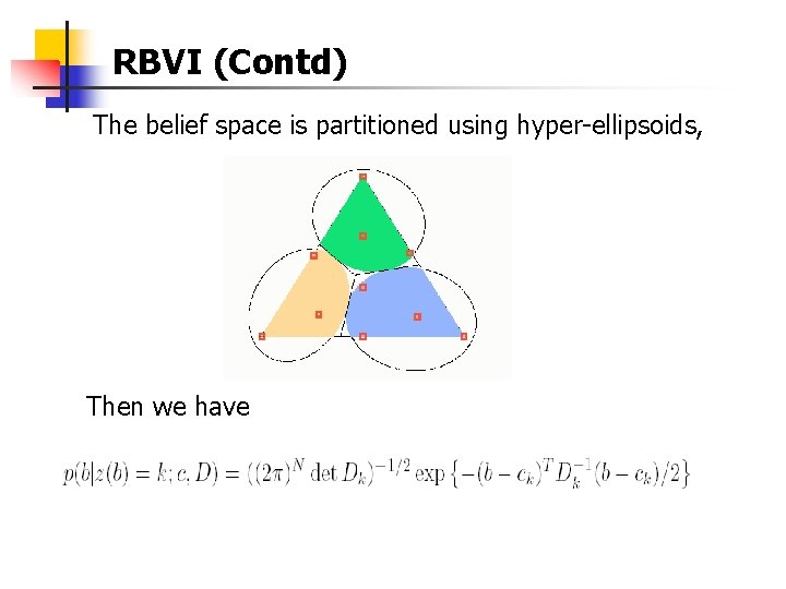 RBVI (Contd) The belief space is partitioned using hyper-ellipsoids, Then we have 