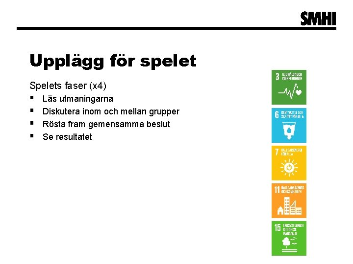 Upplägg för spelet Spelets faser (x 4) § § Läs utmaningarna Diskutera inom och