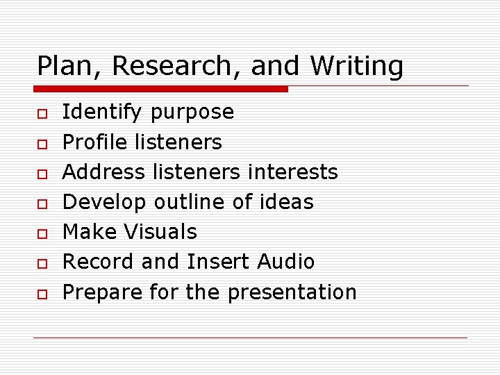 Plan, Research, and Writing o o o o Identify purpose Profile listeners Address listeners